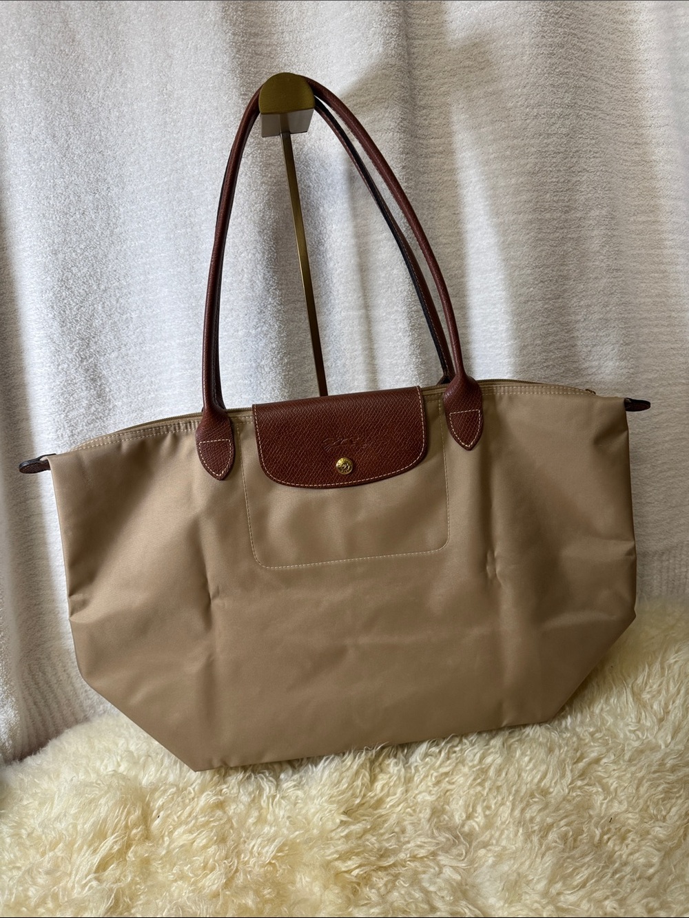 Classic Beige Tote Bag with Brown Trim